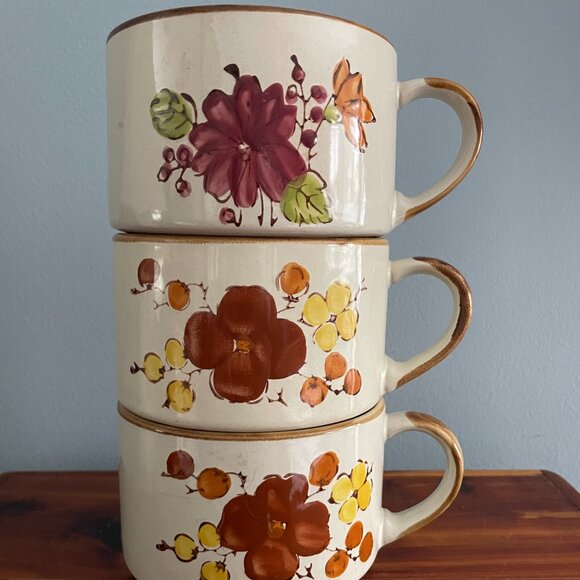 Vintage Mug Soup JMP Casualstone Bowl Korea 306 309 Floral Coffee Cup1970s Set 3 - Picture 1 of 5